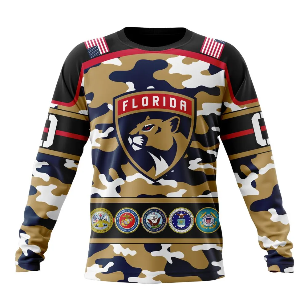 NHL Florida Panthers | Specialized Design Wih Camo Team Color And Military Force Logo Long Sleeved Sweatshirt 