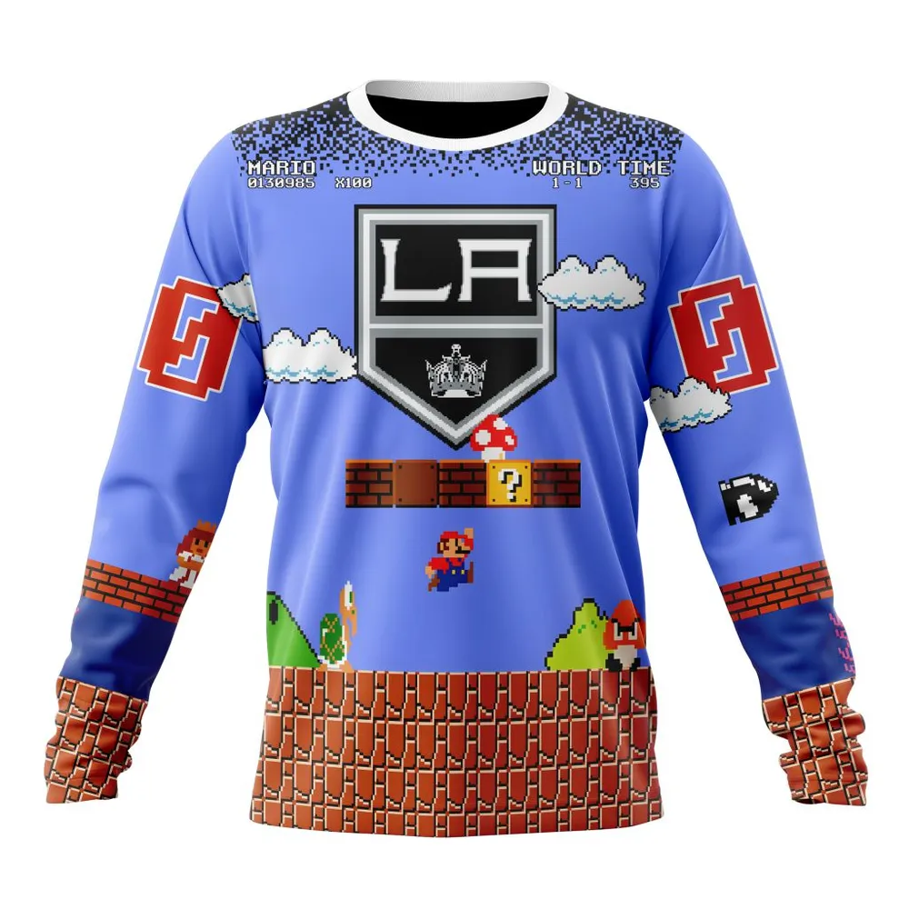 NHL Los Angeles Kings Special Kits With Super Mario Game Design Long Sleeved Sweatshirt 