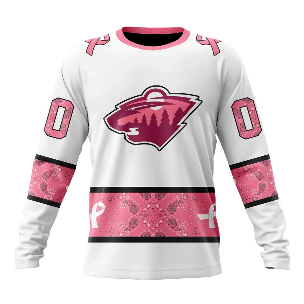 NHL Minnesota Wild In Classic Style With Paisley! In October We Wear Pink Breast Cancer Long Sleeved Sweatshirt 