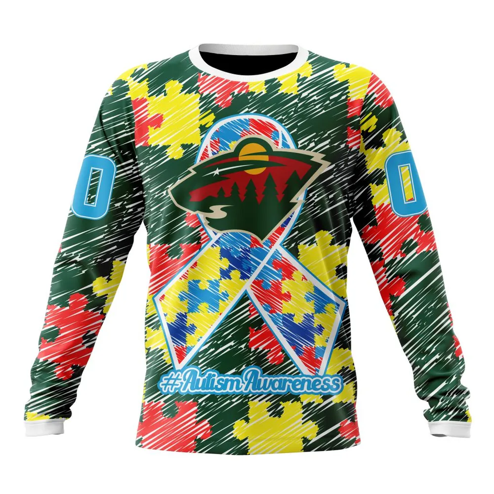 NHL Minnesota Wild Special Autism Awareness Design St2201 Long Sleeved Sweatshirt 