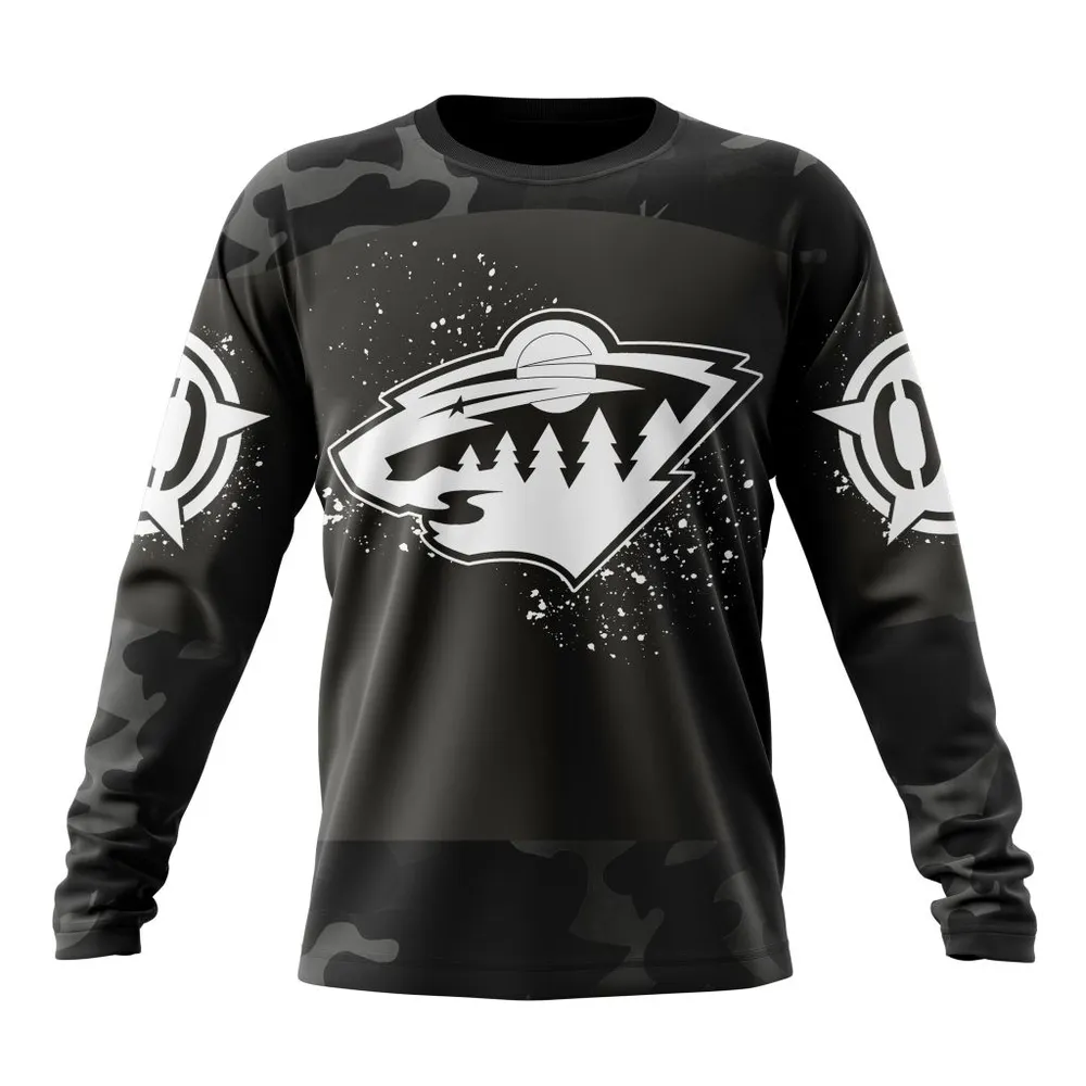 NHL Minnesota Wild Special Black Camo Design For Veterans Day St2304 Long Sleeved Sweatshirt 