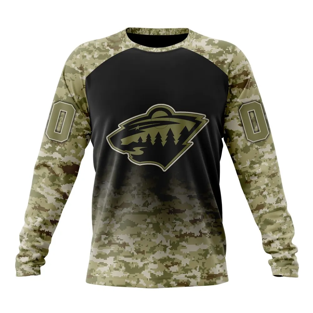 NHL Minnesota Wild Special Camo Design For Veterans Day St2302 Long Sleeved Sweatshirt 