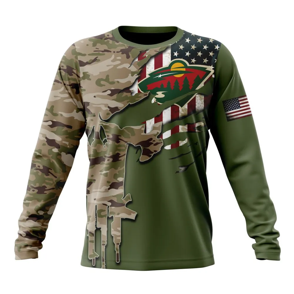 NHL Minnesota Wild Special Camo Skull Design St2303 Long Sleeved Sweatshirt 