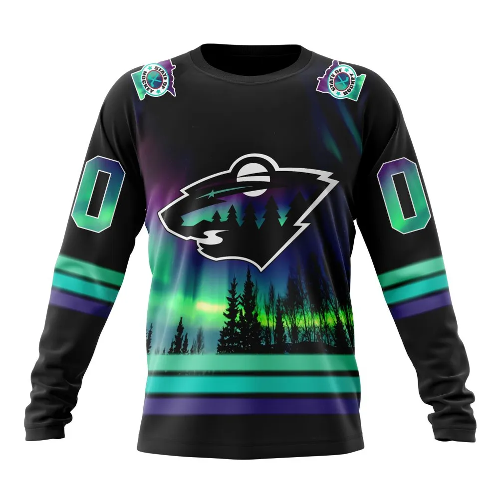 NHL Minnesota Wild Special Design With Northern Lights St2301 Long Sleeved Sweatshirt 