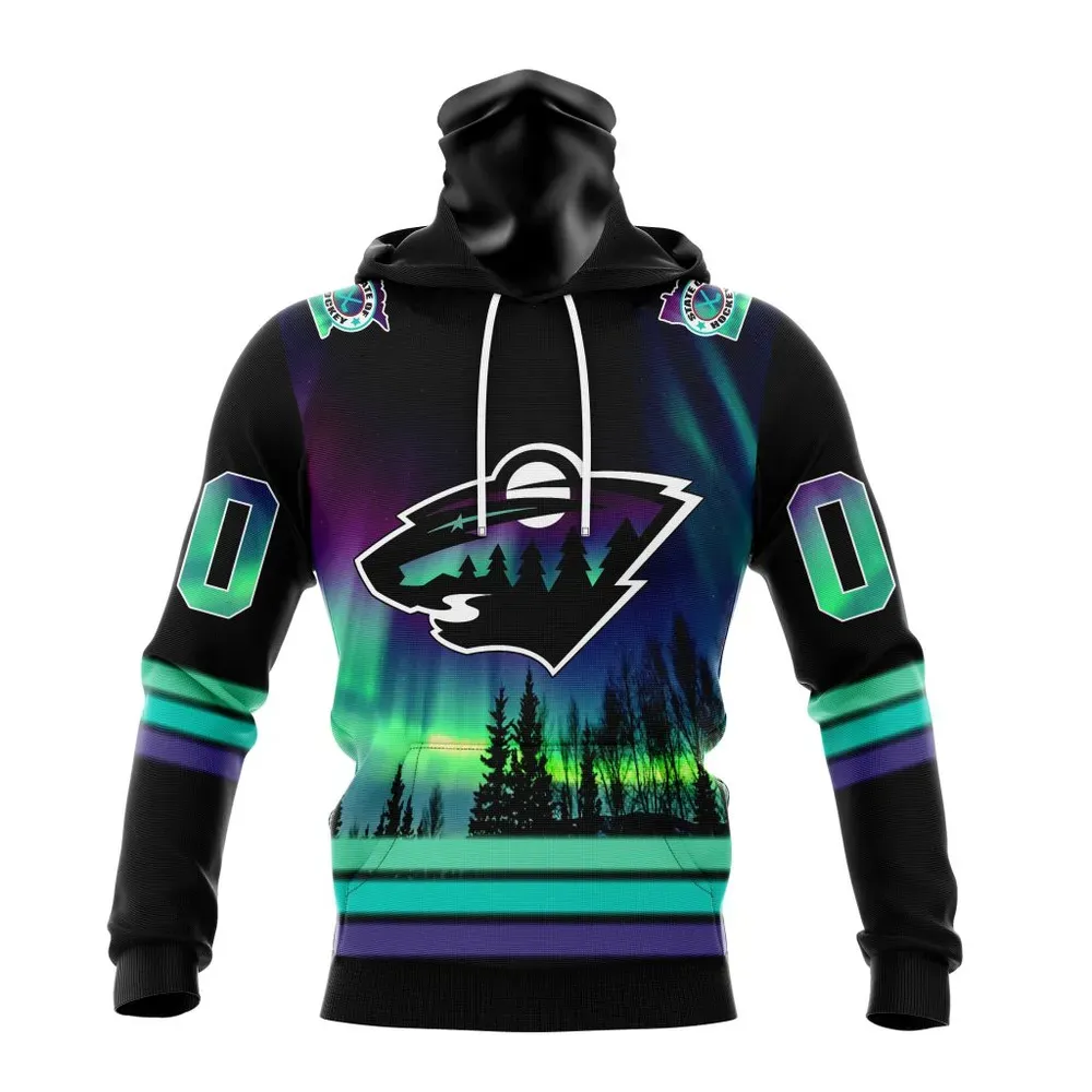 NHL Minnesota Wild Special Design With Northern Lights St2301 Mask Hoodie