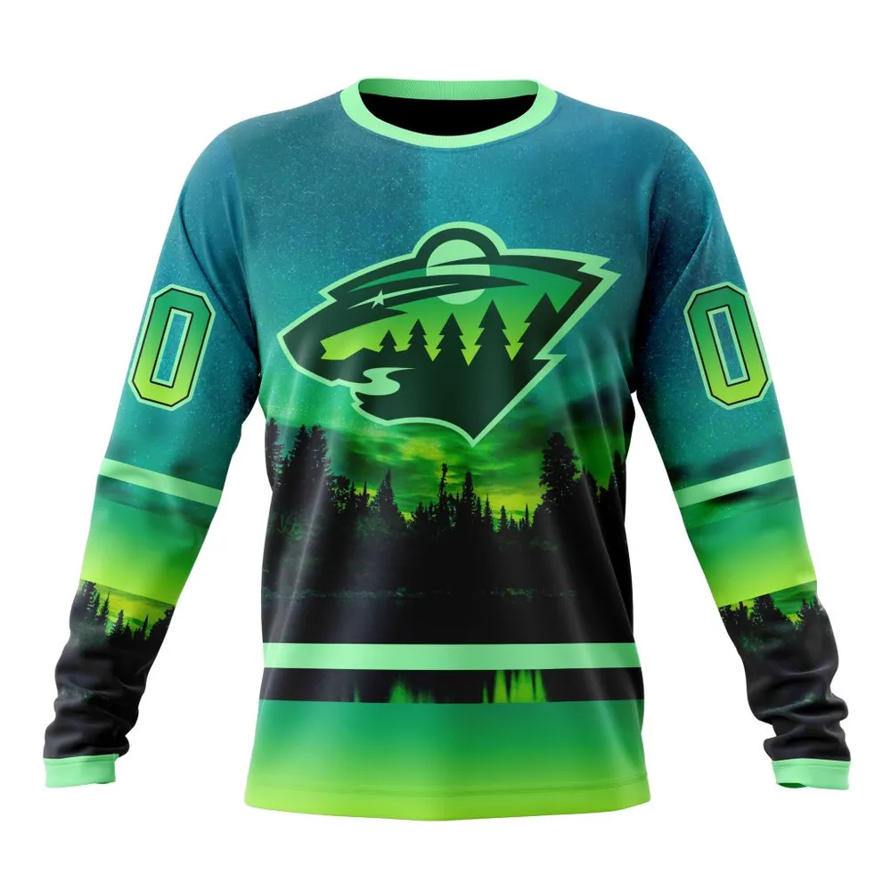 NHL Minnesota Wild Special Design With Northern Lights St2302 Long Sleeved Sweatshirt 