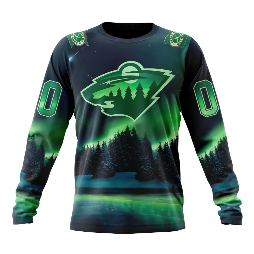 NHL Minnesota Wild Special Design With Northern Lights St2303 Long Sleeved Sweatshirt 