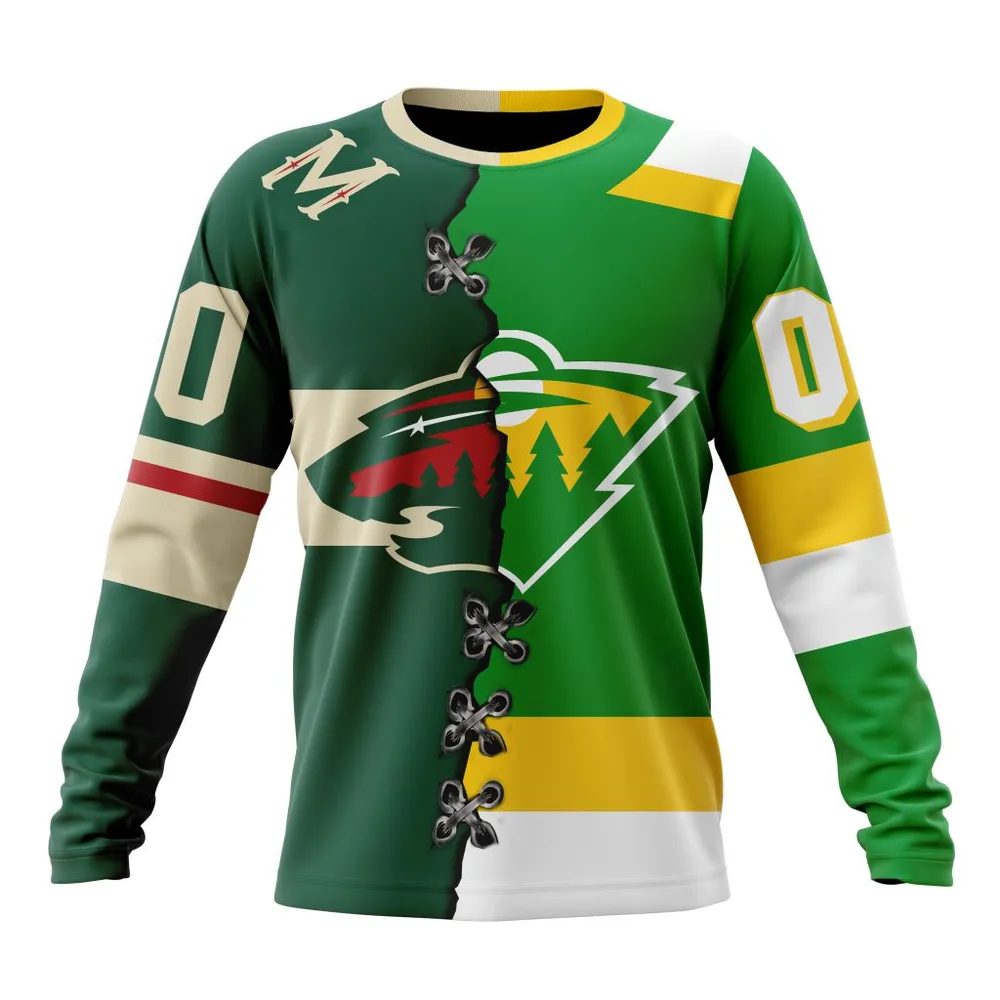 NHL Minnesota Wild Special Home Mix Reverse Retro Personalized Kits Long Sleeved Sweatshirt 