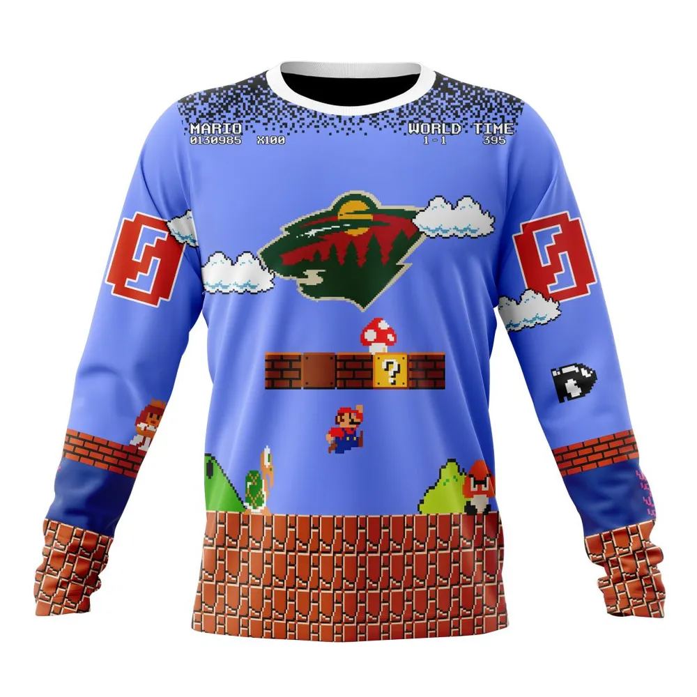 NHL Minnesota Wild Special Kits With Super Mario Game Design Long Sleeved Sweatshirt 