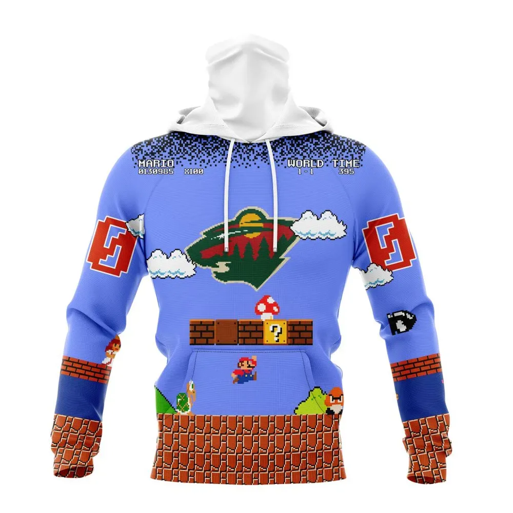 NHL Minnesota Wild Special Kits With Super Mario Game Design Mask Hoodie