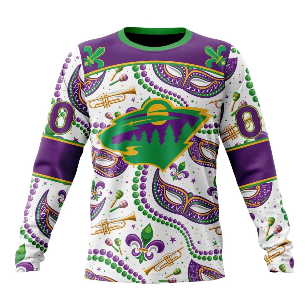 NHL Minnesota Wild Special Mardi Gras Design St2401 Long Sleeved Sweatshirt 