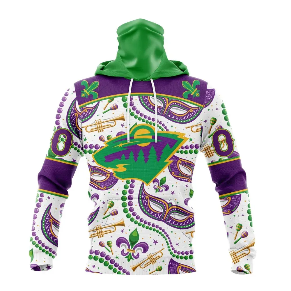 NHL Minnesota Wild Special Mardi Gras Design St2401 Mask Hoodie