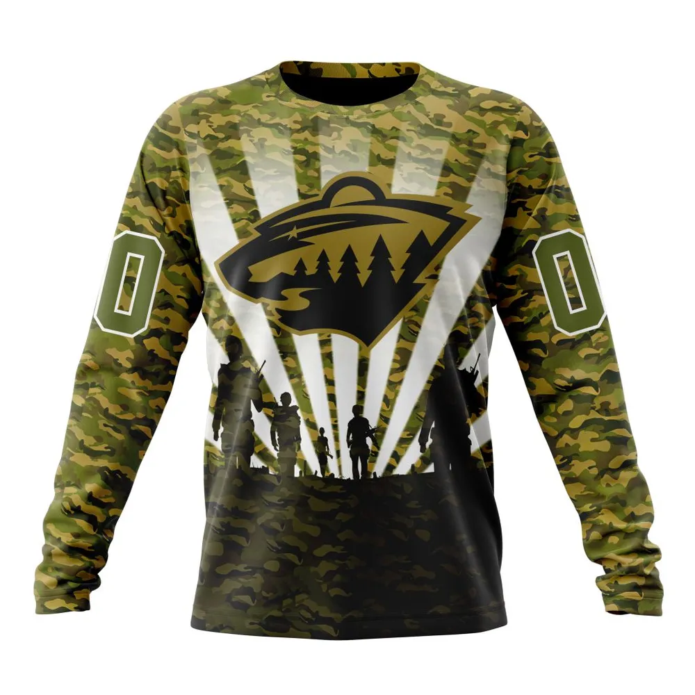 NHL Minnesota Wild Special Military Camo Kits For Veterans Day And Rememberance Day St2201 Long Sleeved Sweatshirt 