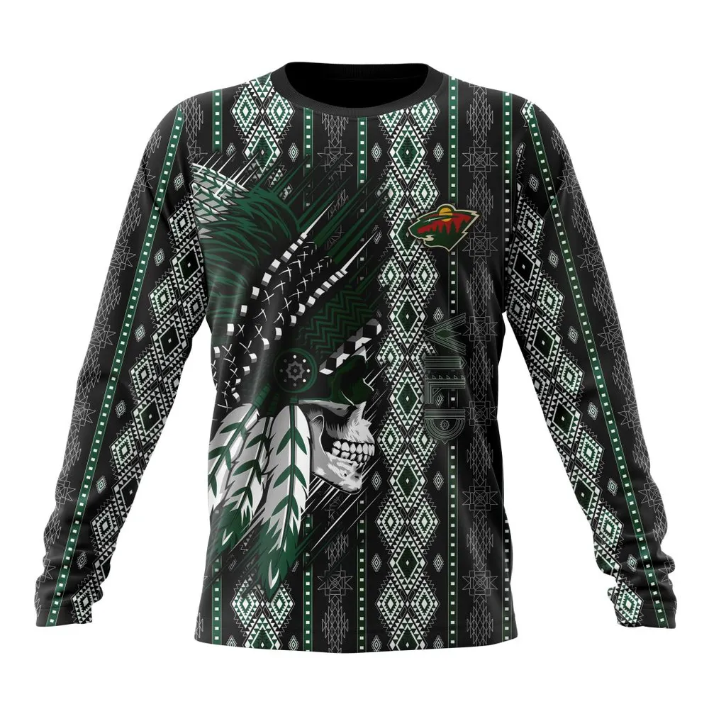 NHL Minnesota Wild Special Skull Native Design St2301 Long Sleeved Sweatshirt 