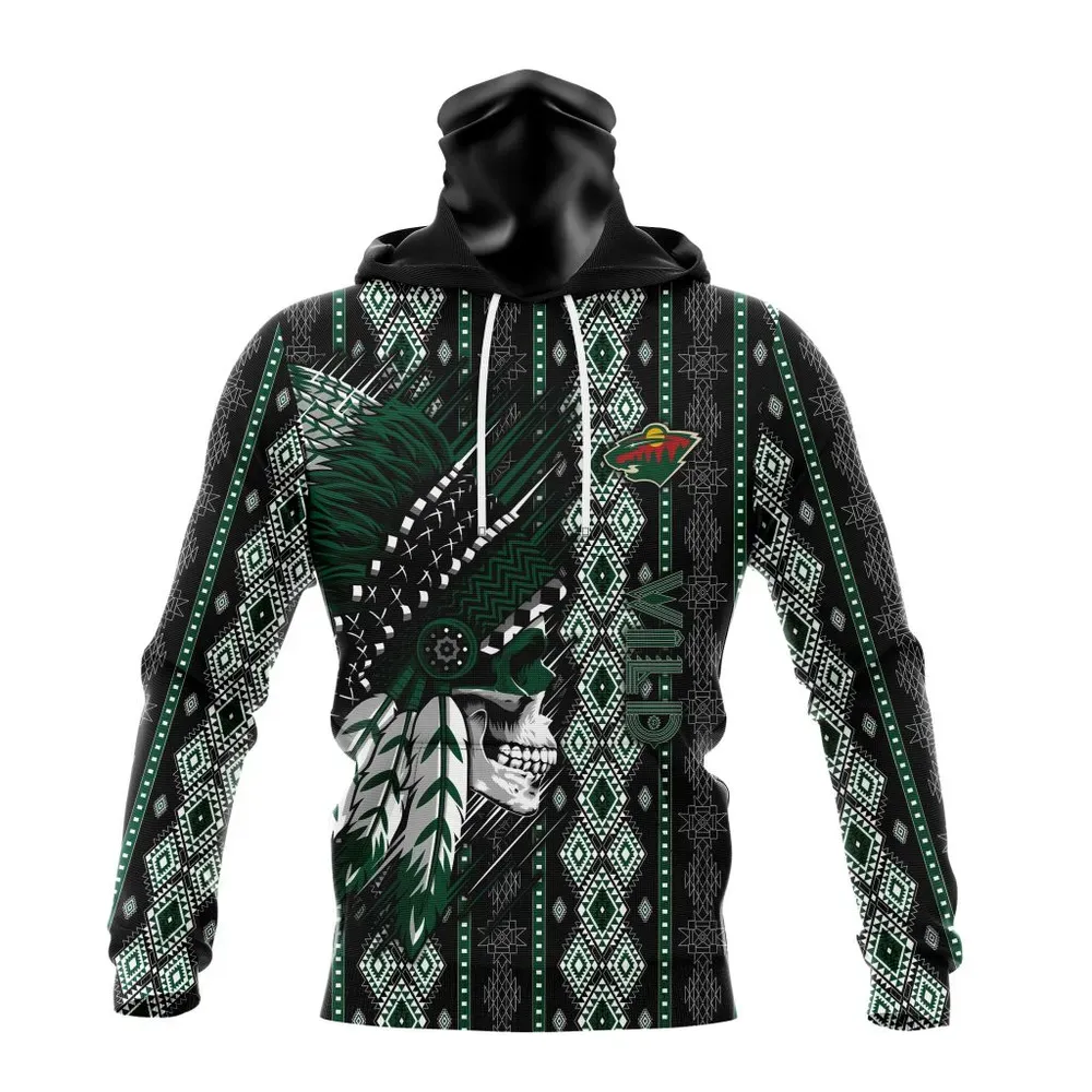 NHL Minnesota Wild Special Skull Native Design St2301 Mask Hoodie