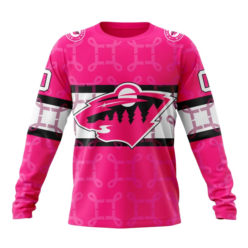 NHL Minnesota Wild | Specialized Design I Pink I Can! In October We Wear Pink Breast Cancer Long Sleeved Sweatshirt 