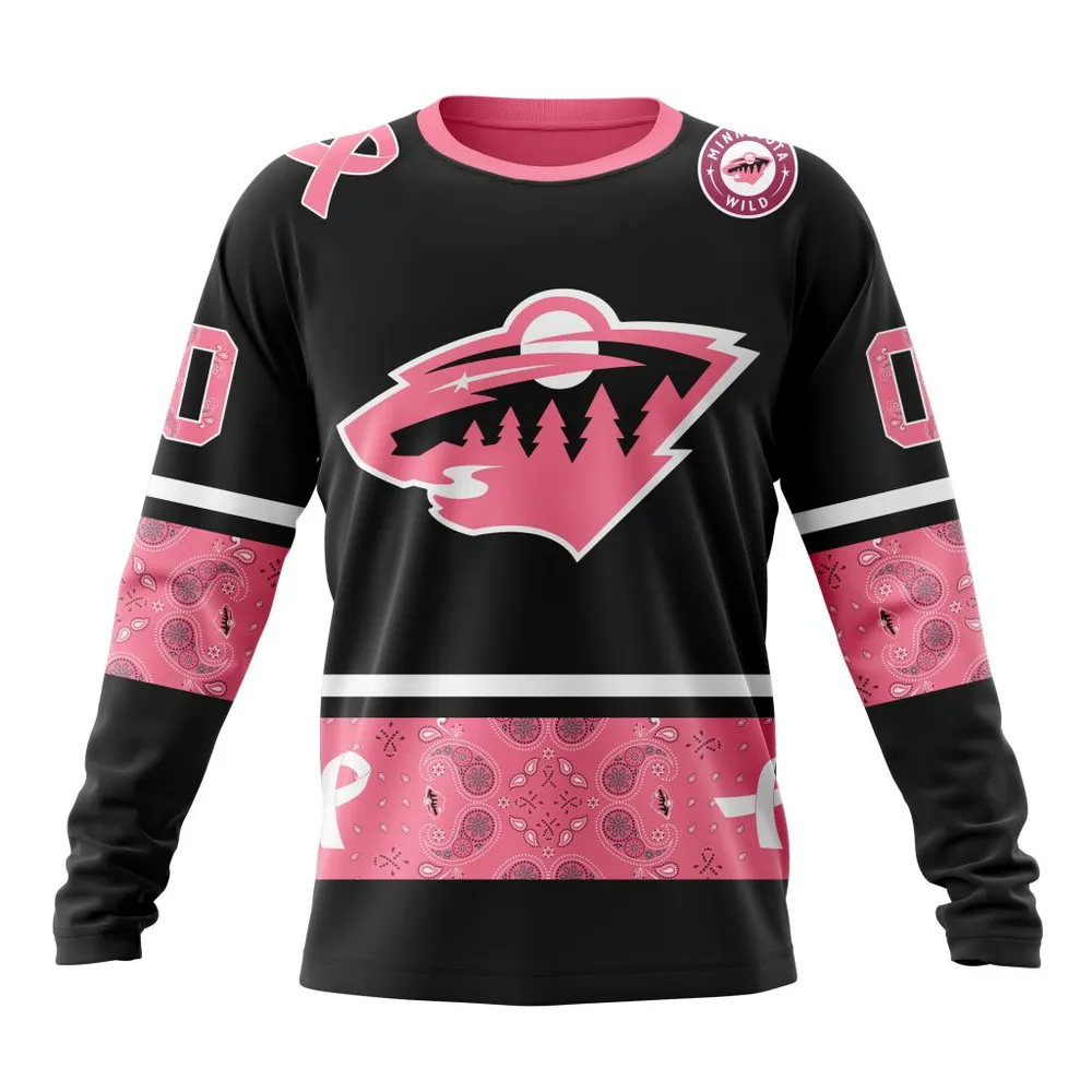 NHL Minnesota Wild | Specialized Design In Classic Style With Paisley! In October We Wear Pink Breast Cancer Long Sleeved Sweatshirt 