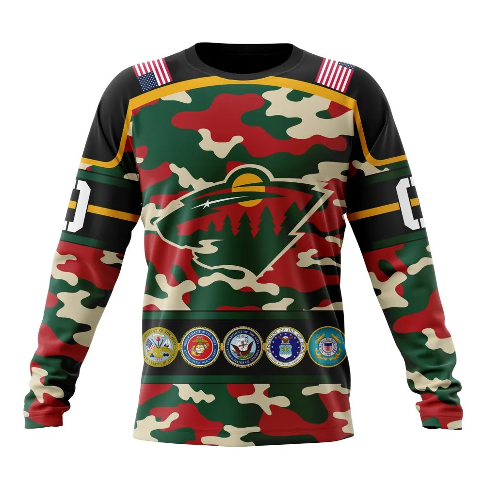 NHL Minnesota Wild | Specialized Design Wih Camo Team Color And Military Force Logo Long Sleeved Sweatshirt 