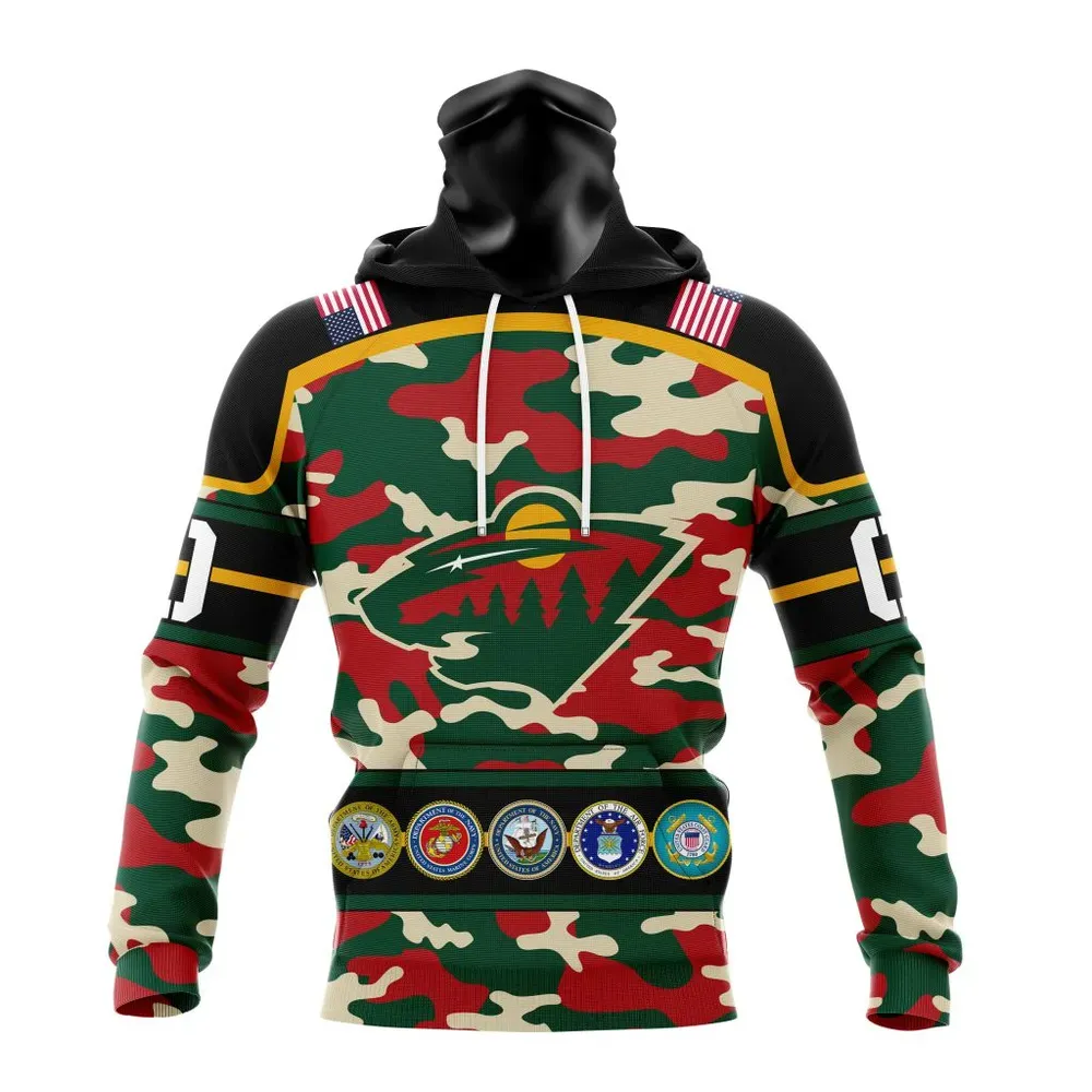 NHL Minnesota Wild | Specialized Design Wih Camo Team Color And Military Force Logo Mask Hoodie