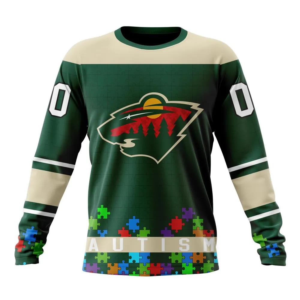 NHL Minnesota Wild | Specialized Unisex Kits Hockey Fights Against Autism Long Sleeved Sweatshirt 