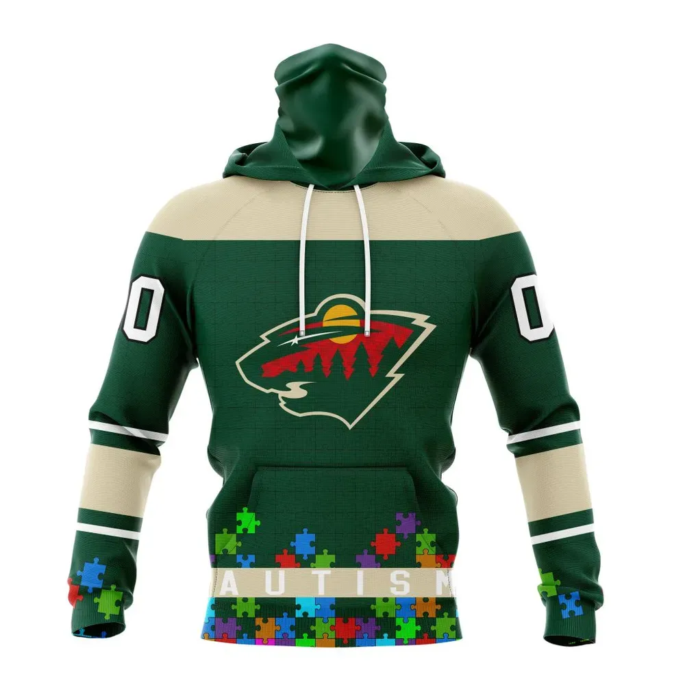 NHL Minnesota Wild | Specialized Unisex Kits Hockey Fights Against Autism Mask Hoodie