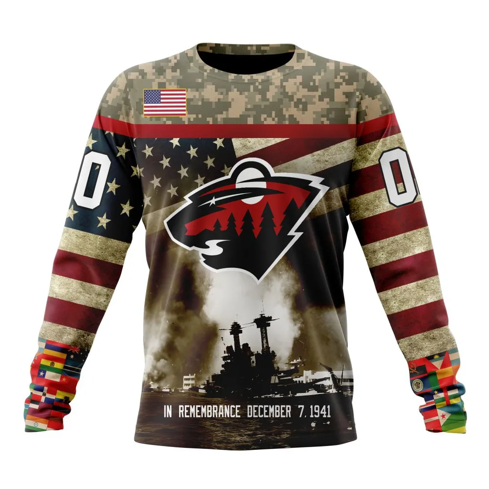 NHL Minnesota Wild | Specialized Unisex Kits Remember Pearl Harbor Long Sleeved Sweatshirt 