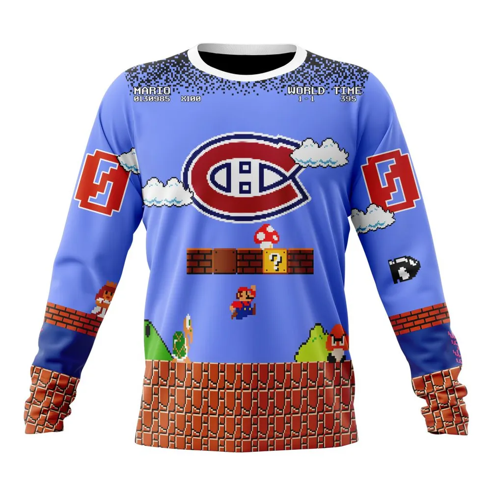 NHL Montreal Canadiens Special Kits With Super Mario Game Design Long Sleeved Sweatshirt 