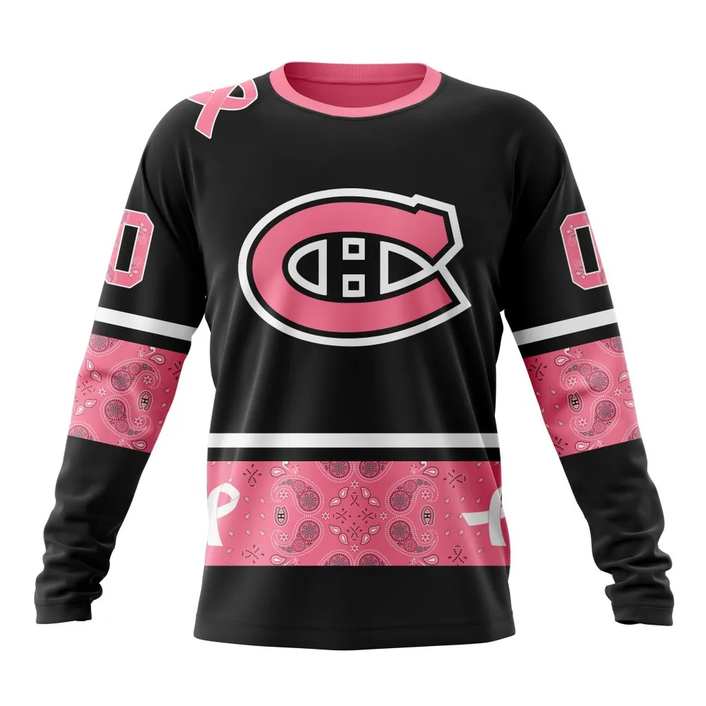 NHL Montreal Canadiens | Specialized Design In Classic Style With Paisley! In October We Wear Pink Breast Cancer Long Sleeved Sweatshirt 