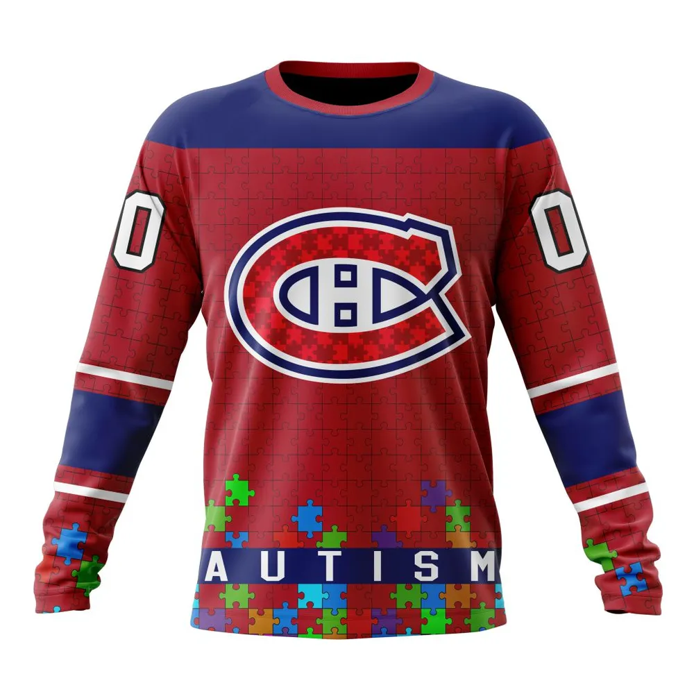 NHL Montreal Canadiens | Specialized Unisex Kits Hockey Fights Against Autism Long Sleeved Sweatshirt 