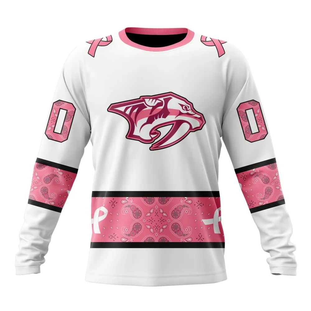 NHL Nashville Predators In Classic Style With Paisley! In October We Wear Pink Breast Cancer Long Sleeved Sweatshirt 