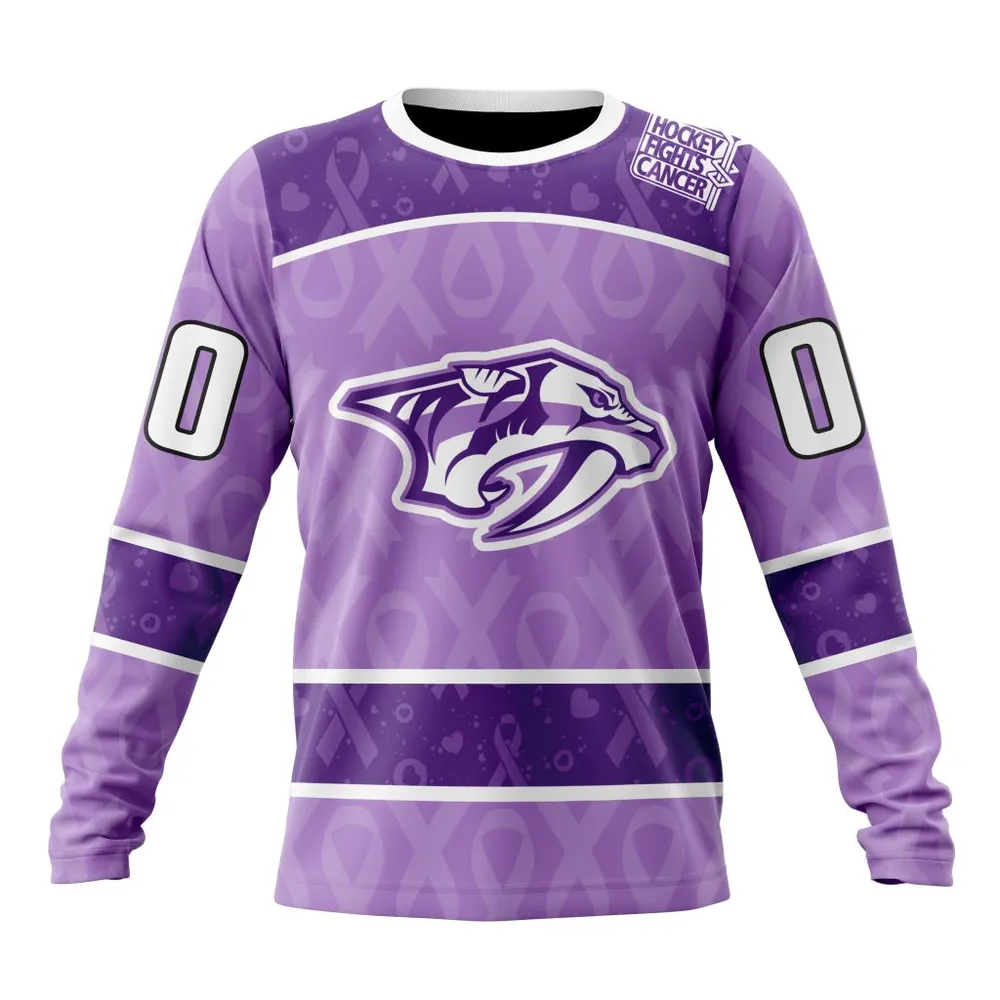 NHL Nashville Predators New Lavender Hockey Fight Cancer St2301 Long Sleeved Sweatshirt 