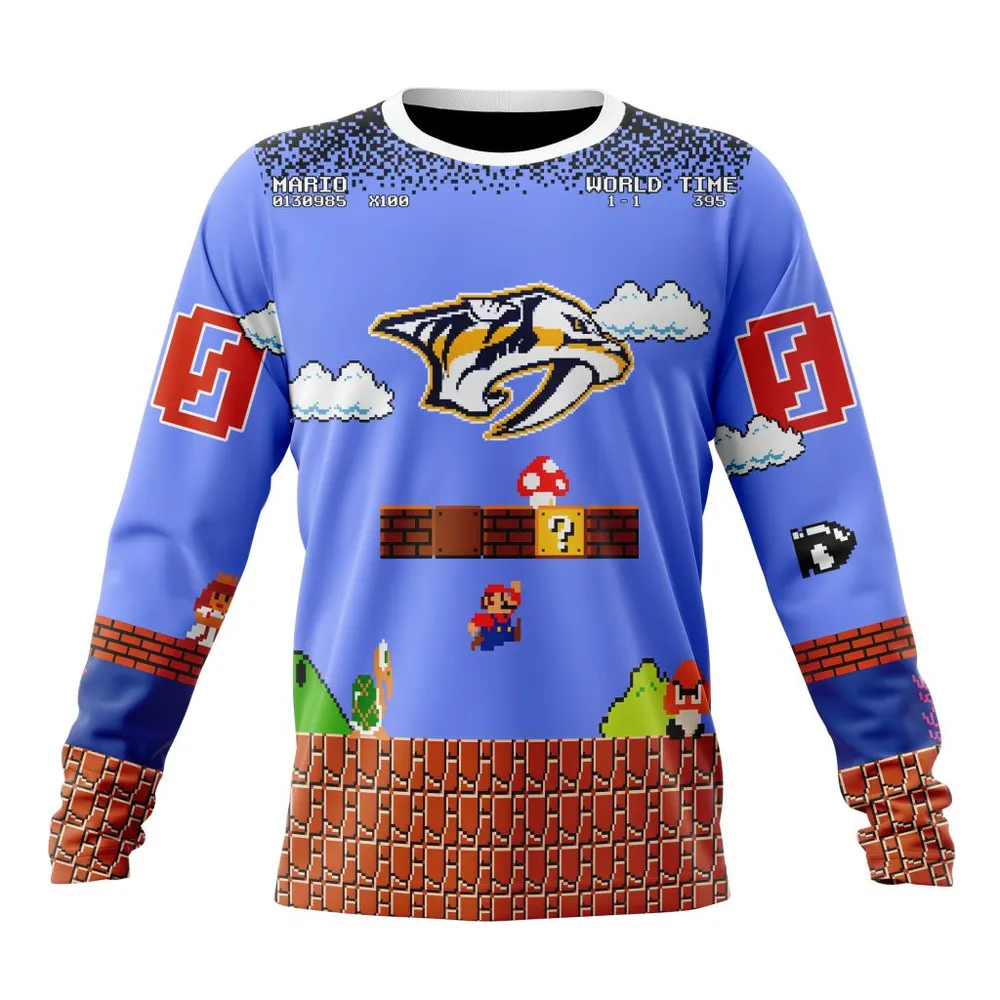 NHL Nashville Predators Special Kits With Super Mario Game Design Long Sleeved Sweatshirt 