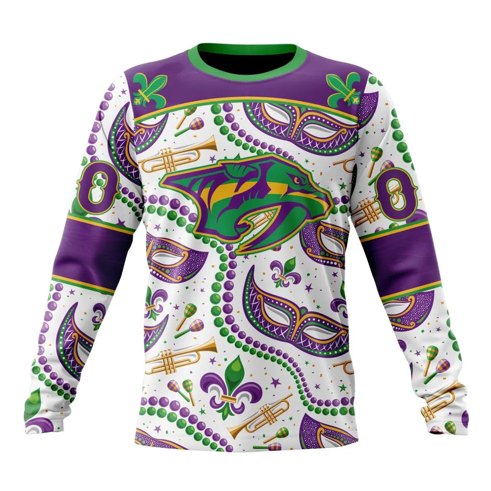 NHL Nashville Predators Special Mardi Gras Design St2401 Long Sleeved Sweatshirt 