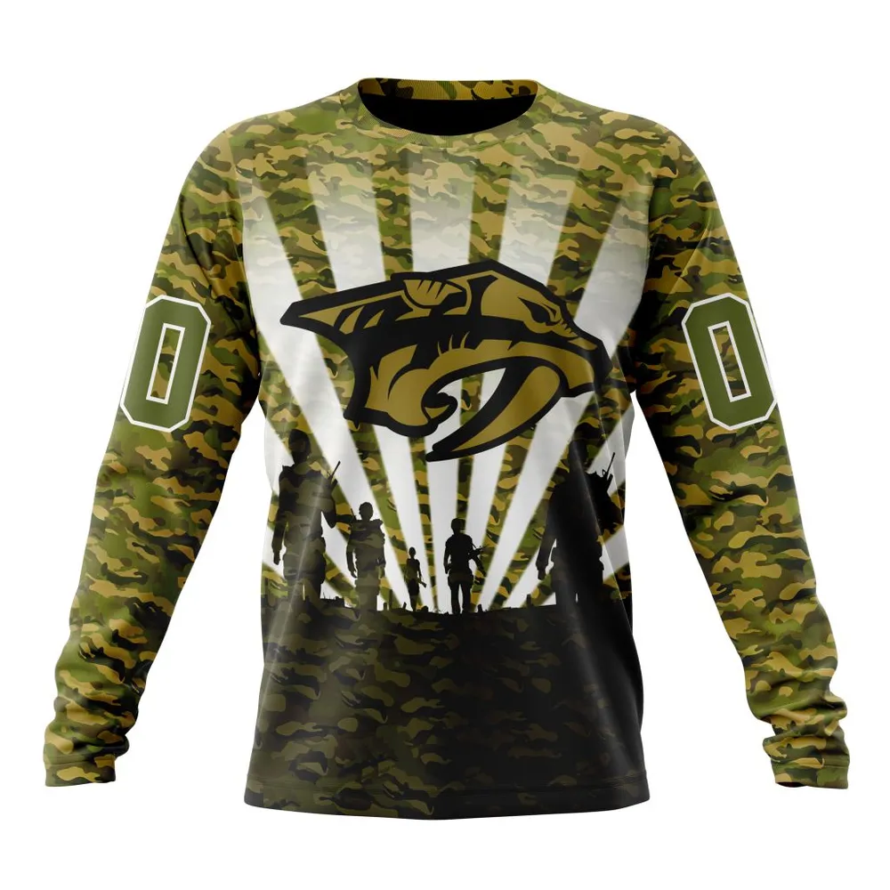 NHL Nashville Predators Special Military Camo Kits For Veterans Day And Rememberance Day St2201 Long Sleeved Sweatshirt 