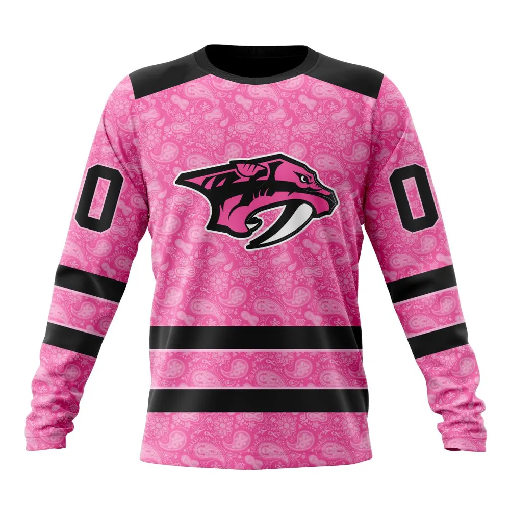 NHL Nashville Predators Special Pink Fight Breast Cancer St2306 Long Sleeved Sweatshirt 