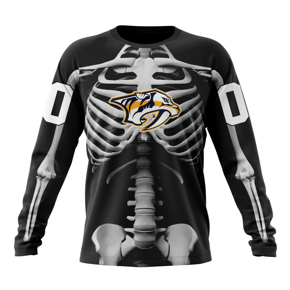 NHL Nashville Predators Special Skeleton Costume For Halloween St2301 Long Sleeved Sweatshirt 