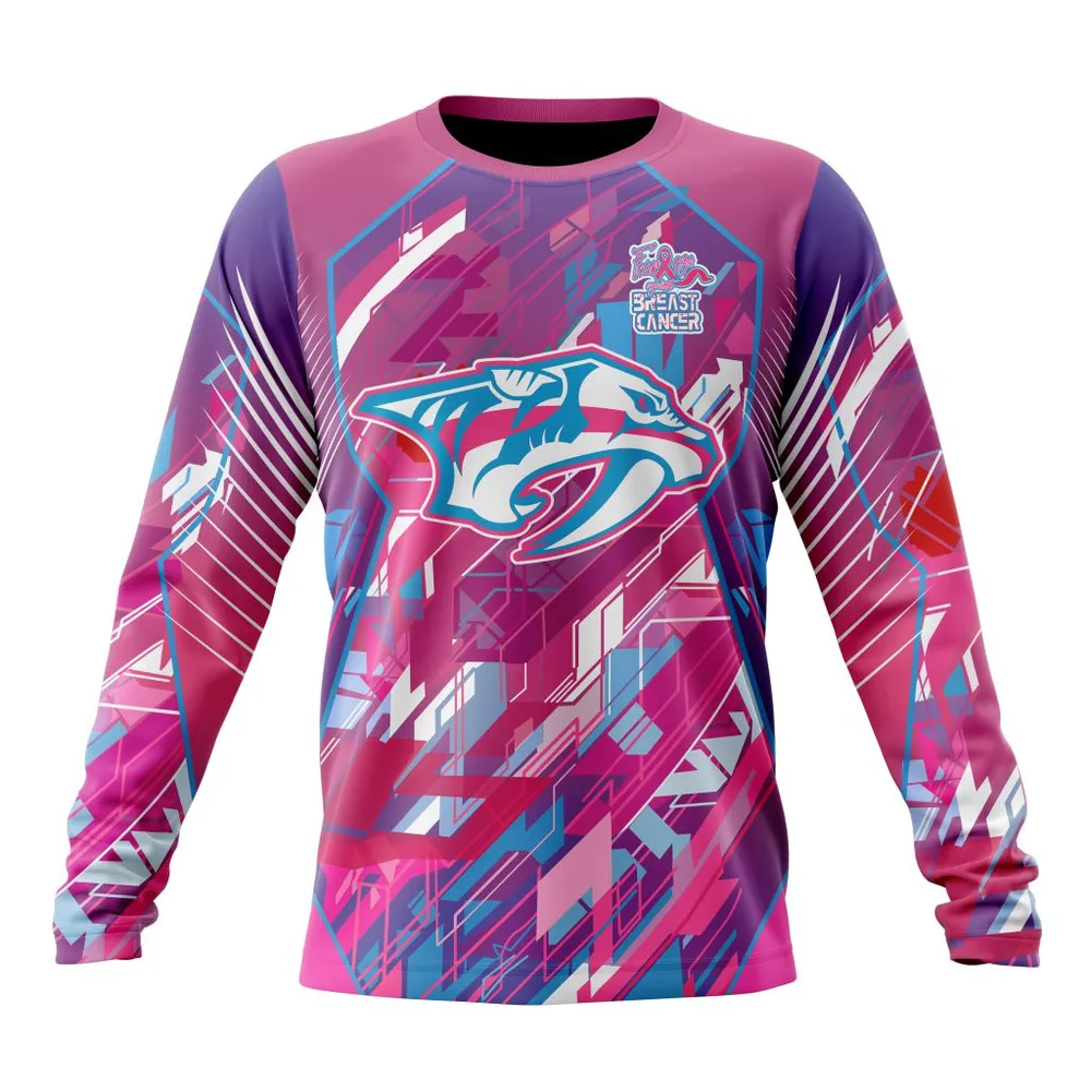 NHL Nashville Predators | Specialized Design I Pink I Can! Fearless Again Breast Cancer Long Sleeved Sweatshirt 