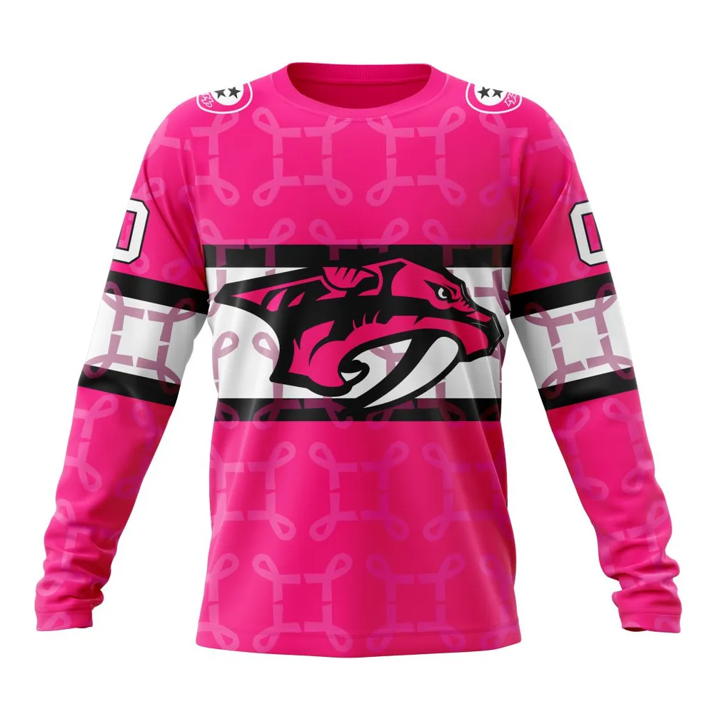 NHL Nashville Predators | Specialized Design I Pink I Can! In October We Wear Pink Breast Cancer Long Sleeved Sweatshirt 