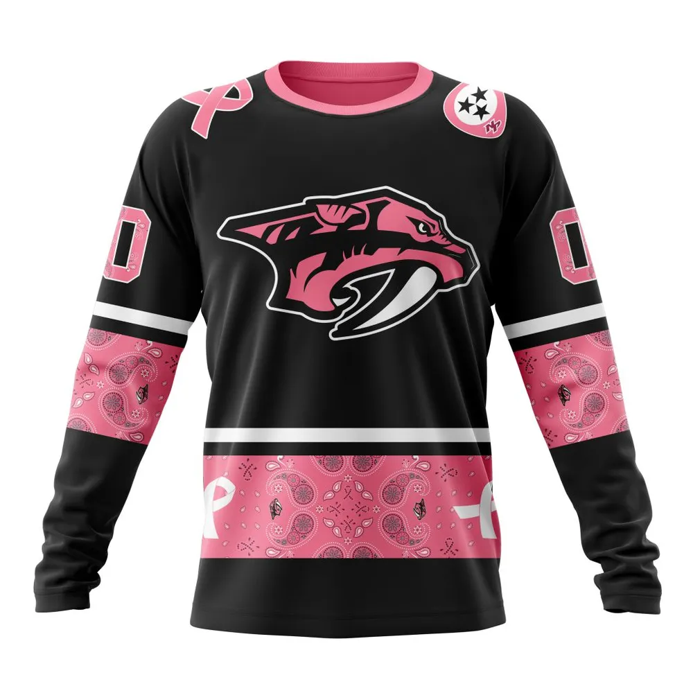 NHL Nashville Predators | Specialized Design In Classic Style With Paisley! In October We Wear Pink Breast Cancer Long Sleeved Sweatshirt 