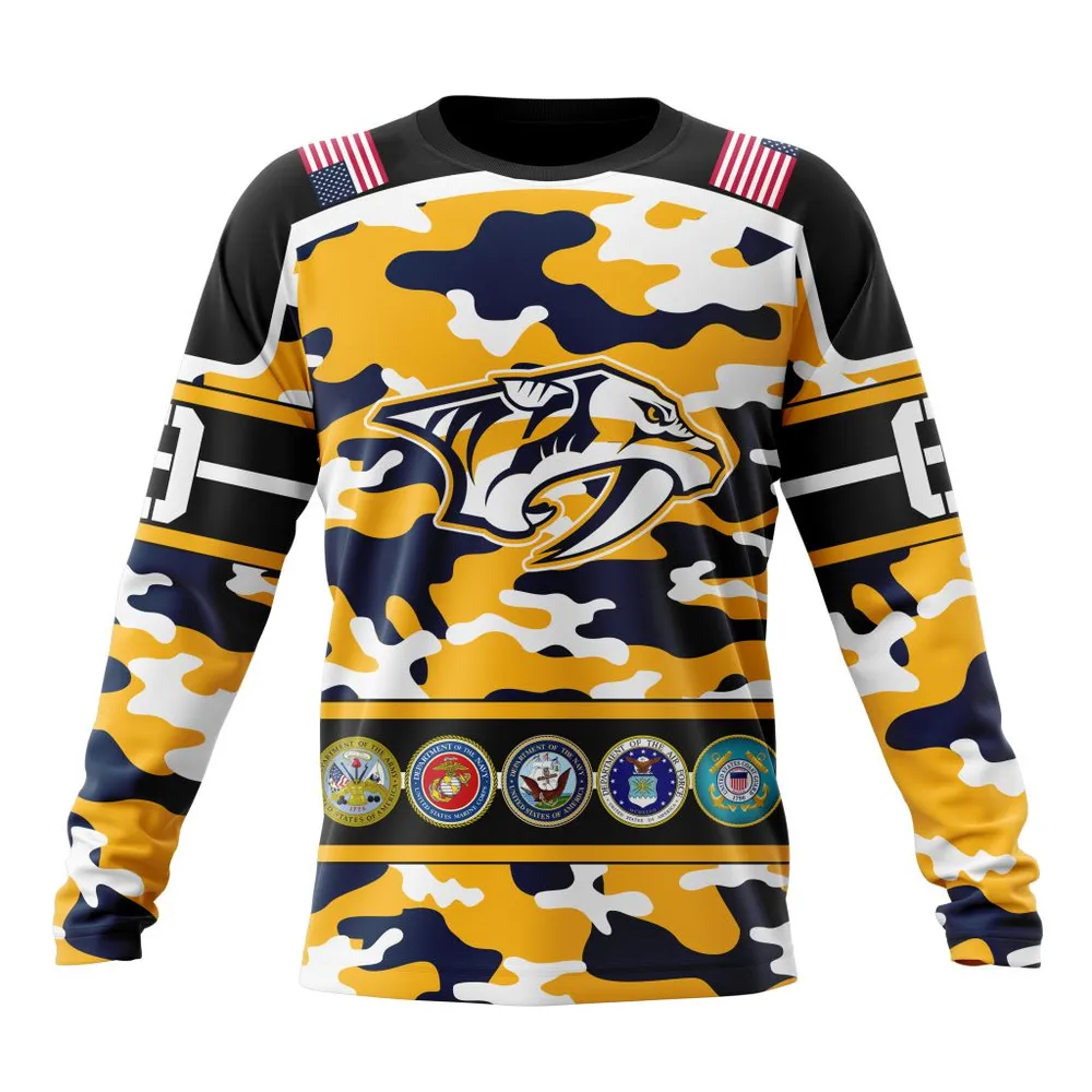 NHL Nashville Predators | Specialized Design Wih Camo Team Color And Military Force Logo Long Sleeved Sweatshirt 