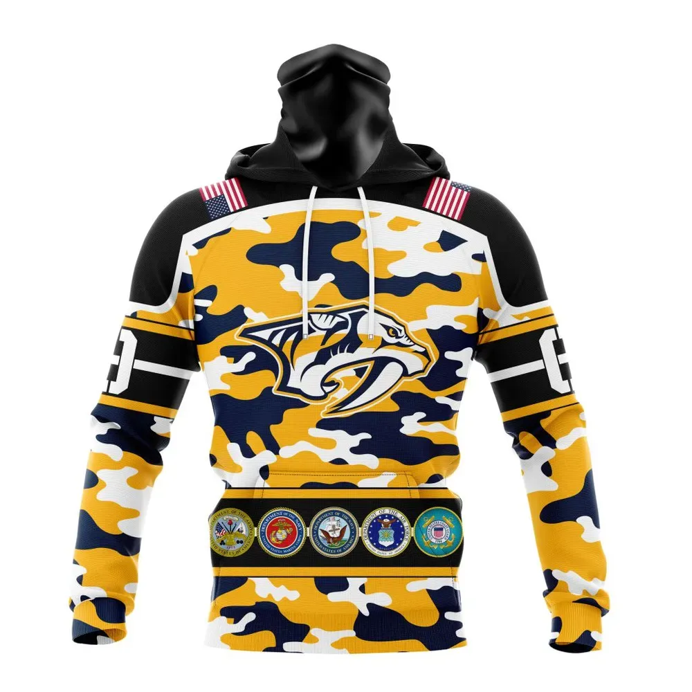 NHL Nashville Predators | Specialized Design Wih Camo Team Color And Military Force Logo Mask Hoodie