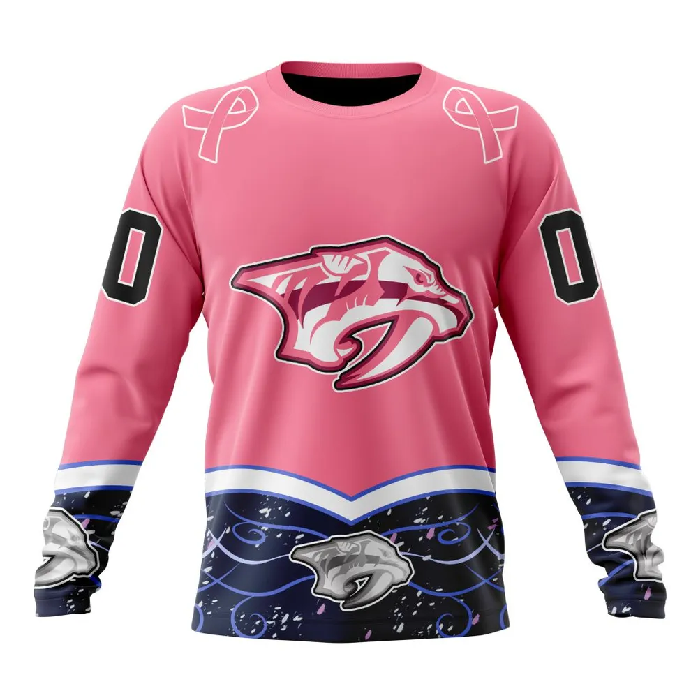 NHL Nashville Predators | Specialized Unisex For Hockey Fights Cancer Long Sleeved Sweatshirt 