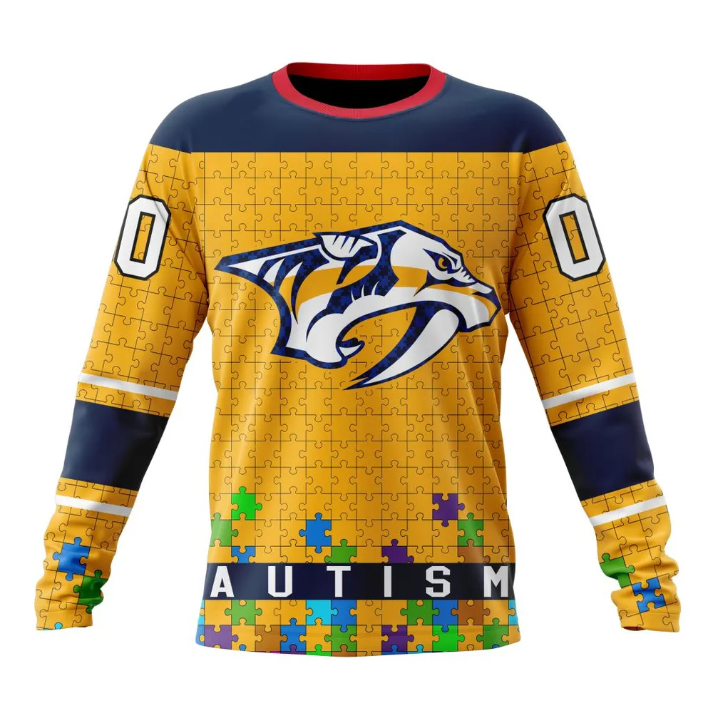 NHL Nashville Predators | Specialized Unisex Kits Hockey Fights Against Autism Long Sleeved Sweatshirt 