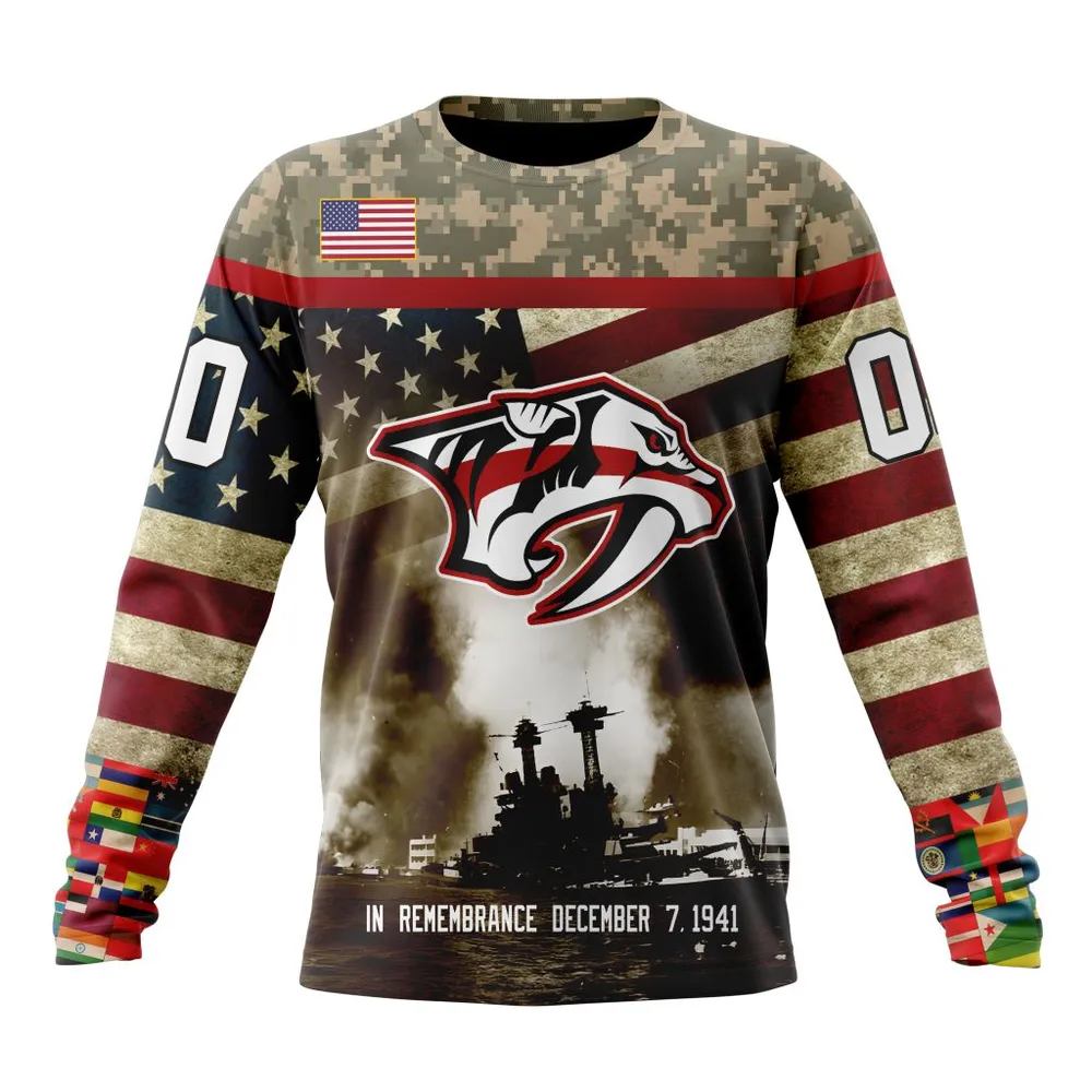 NHL Nashville Predators | Specialized Unisex Kits Remember Pearl Harbor Long Sleeved Sweatshirt 