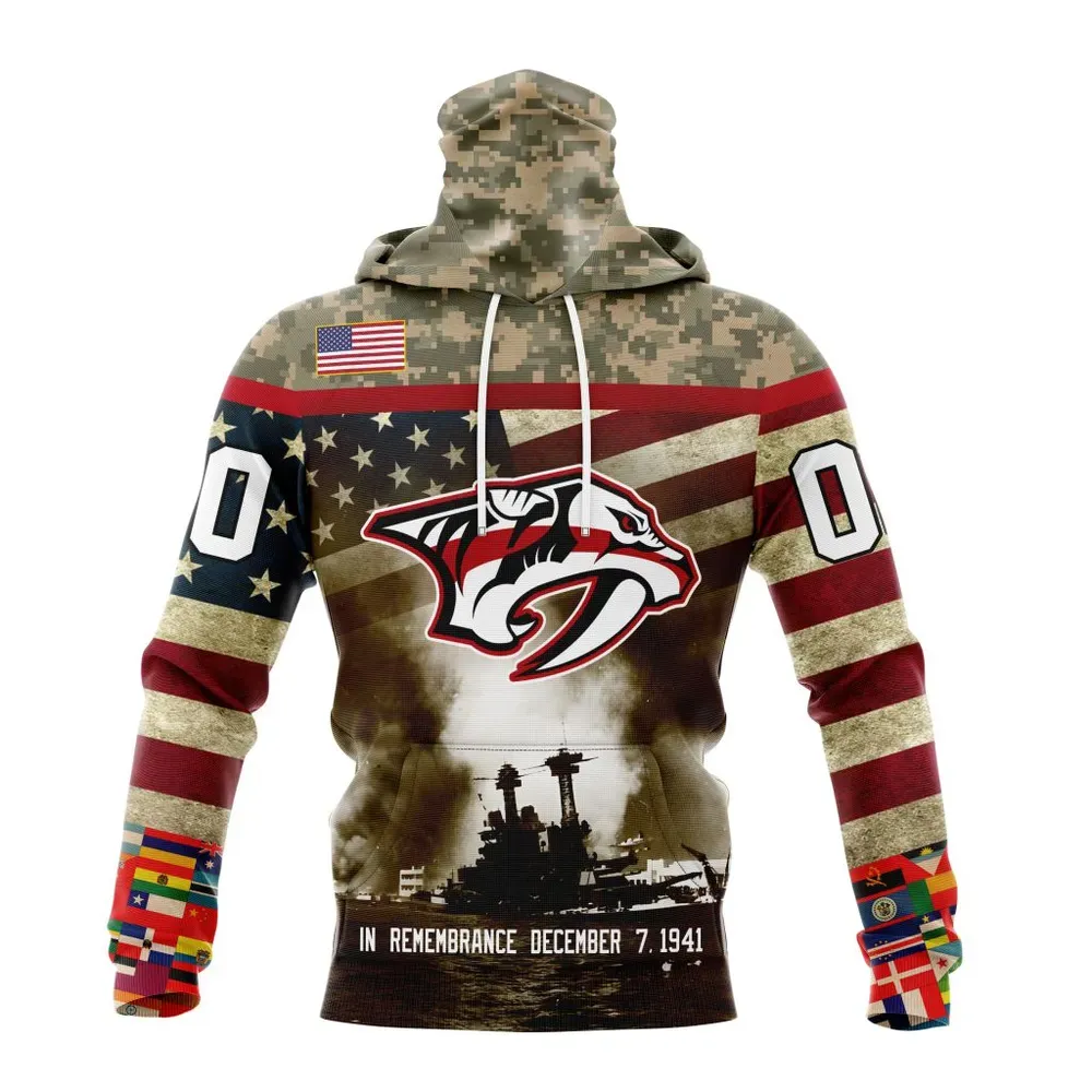 NHL Nashville Predators | Specialized Unisex Kits Remember Pearl Harbor Mask Hoodie