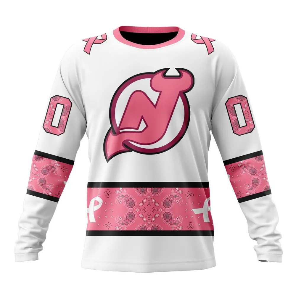 NHL New Jersey Devils In Classic Style With Paisley! In October We Wear Pink Breast Cancer Long Sleeved Sweatshirt 