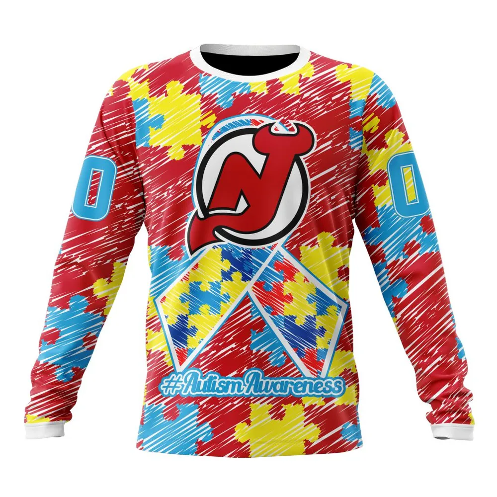 NHL New Jersey Devils Special Autism Awareness Design St2201 Long Sleeved Sweatshirt 