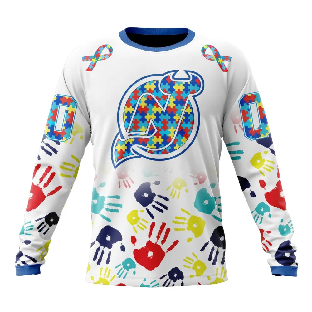 NHL New Jersey Devils Special Autism Awareness Design St2203 Long Sleeved Sweatshirt 