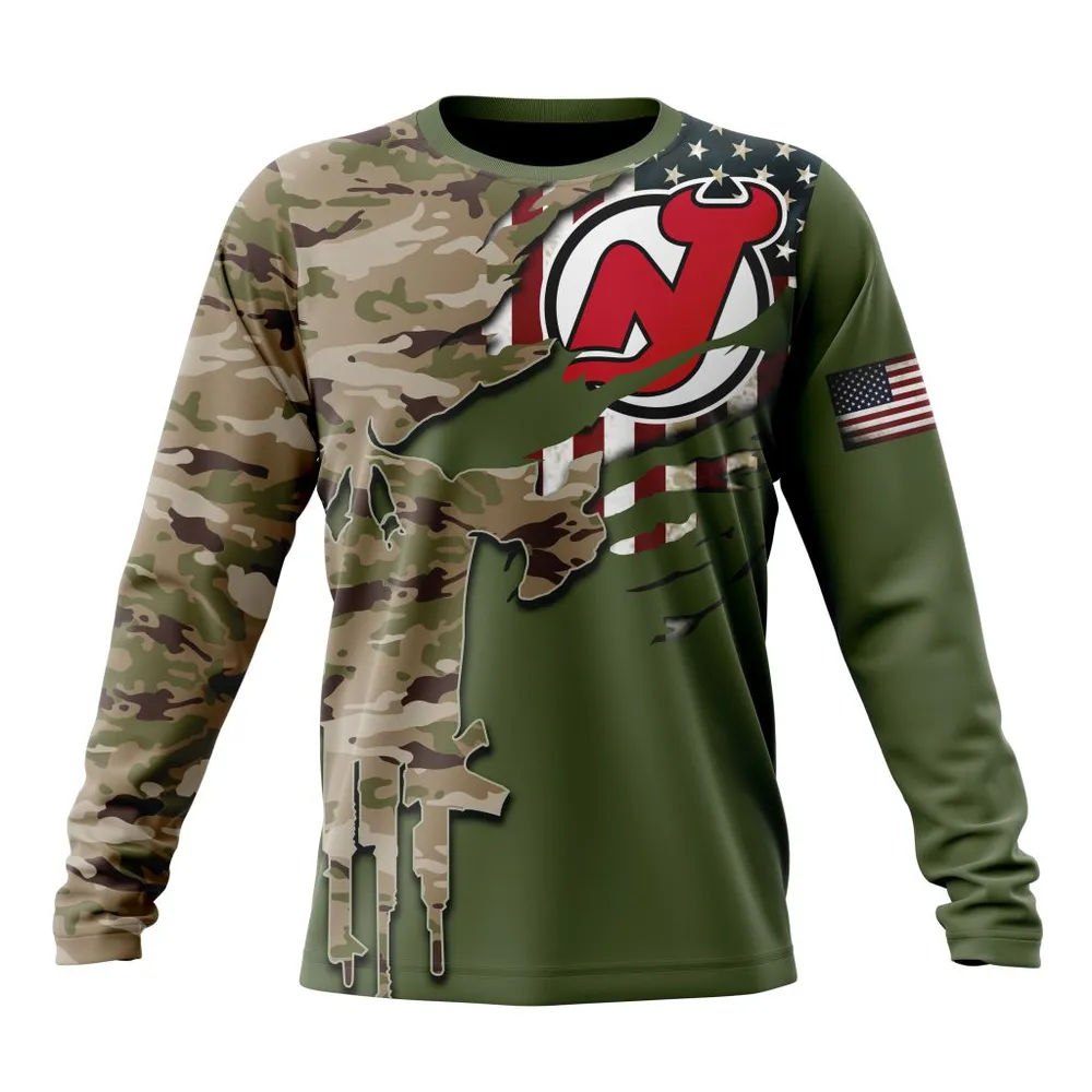 NHL New Jersey Devils Special Camo Skull Design St2303 Long Sleeved Sweatshirt 