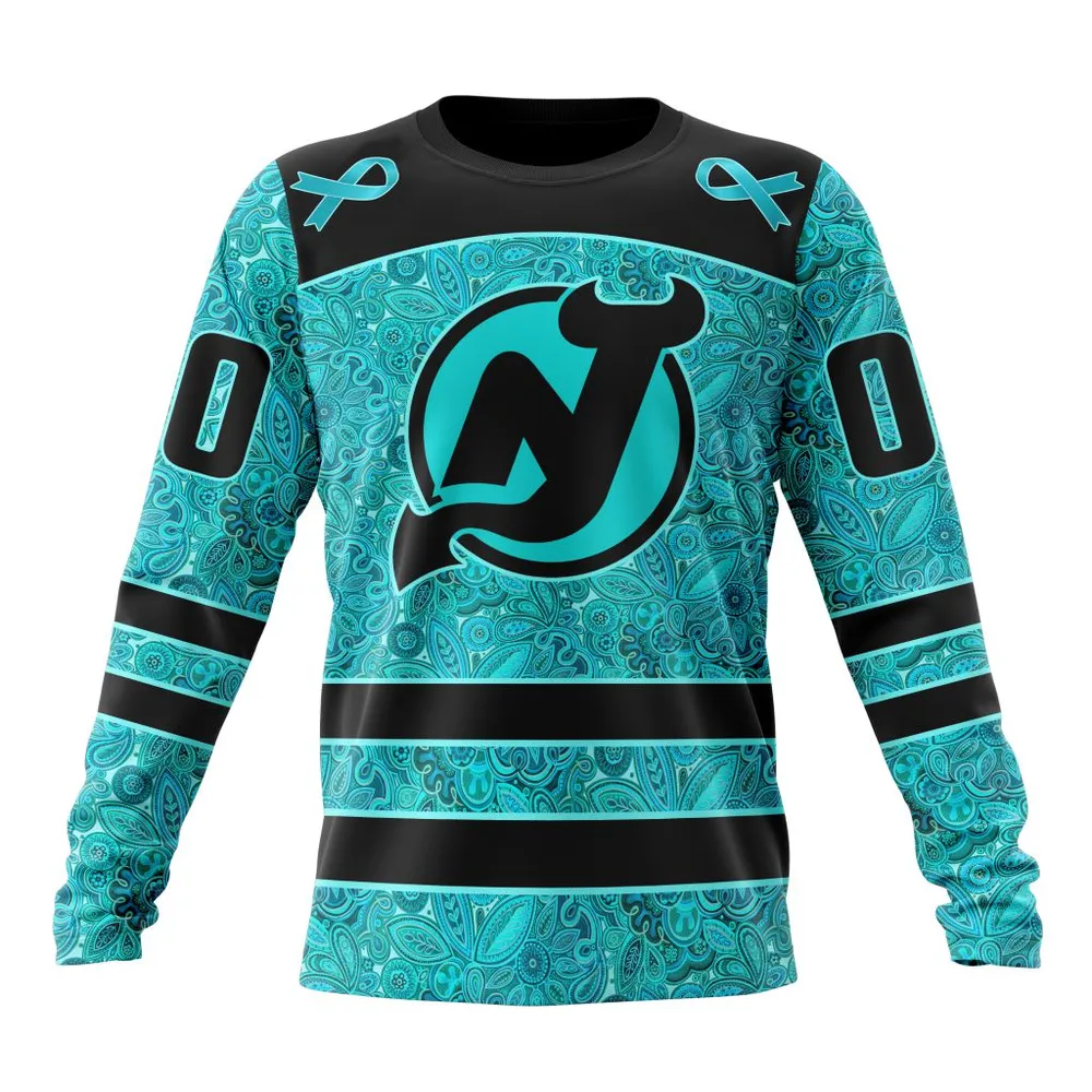 NHL New Jersey Devils Special Design Fight Ovarian Cancer St2201 Long Sleeved Sweatshirt 